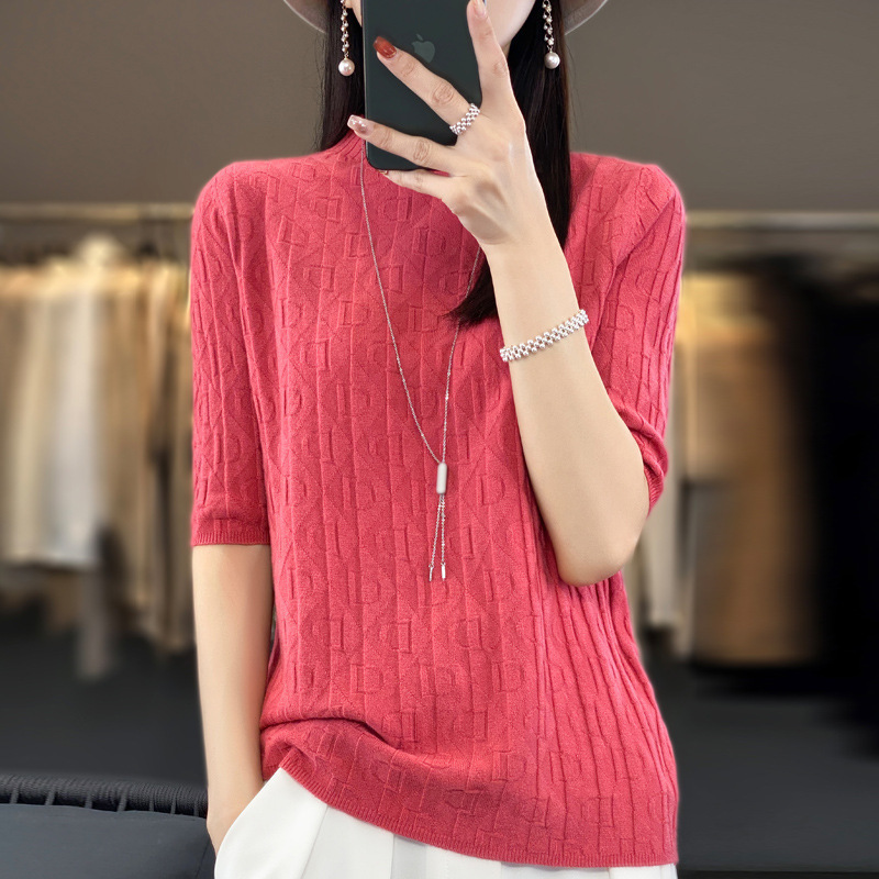 Knitted Sweater Women's Half Turtleneck New Style Pit Strip Short-Sleeved Versatile Autum 2023 Half High Fashion Top Women's Beige