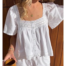 J 38315 Lace Trim Relaxed Blouse ����ƴ��������� �羳��