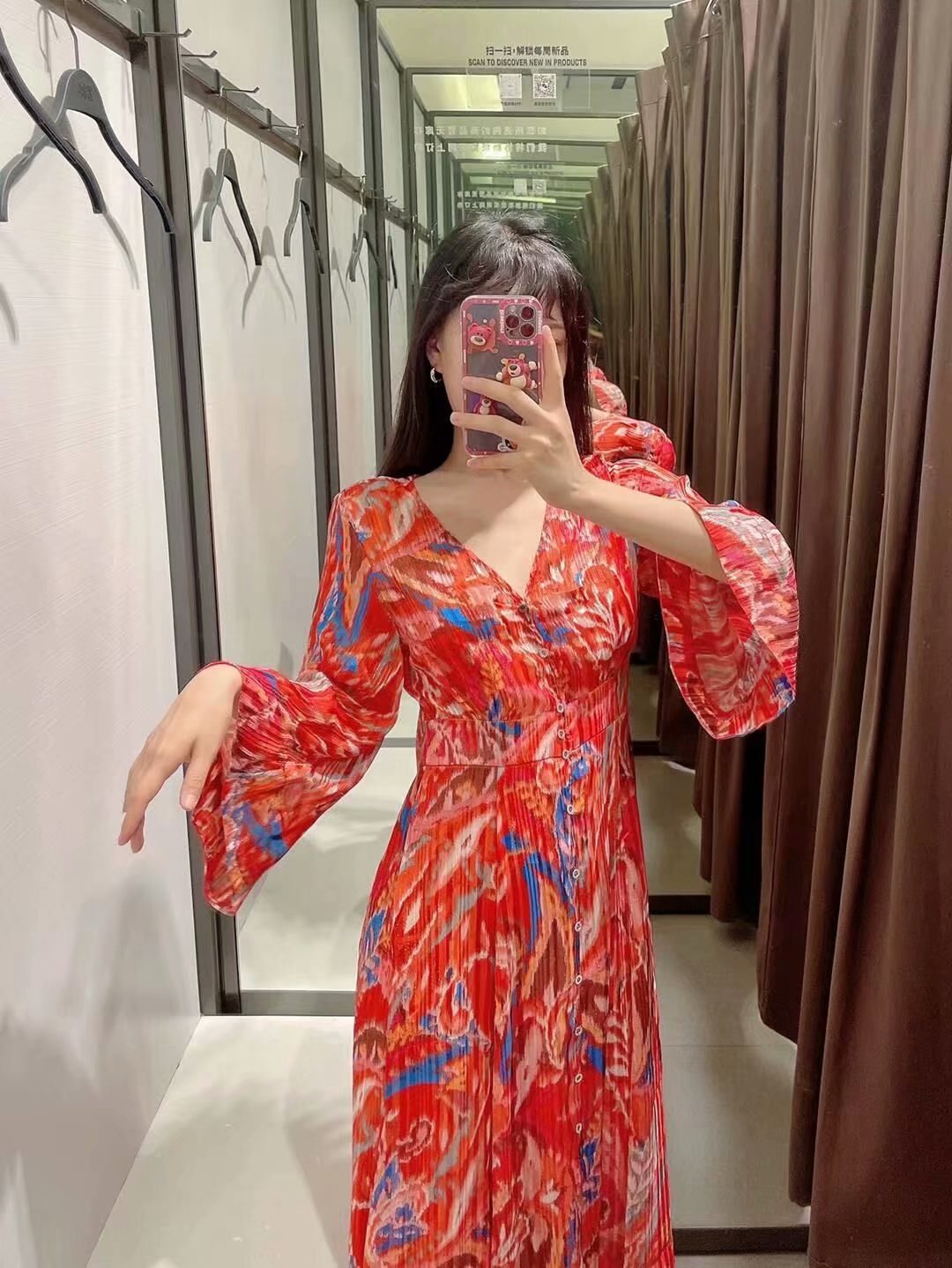 V neck waist slimming single-breasted red metallic thread printed dress Nihaostyles wholesale clothing vendor NSAM74163