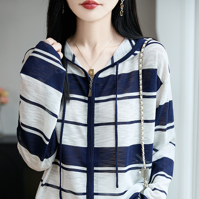 Early Autumn 2025 New Style Bamboo Linen Hooded Knitted Cardigan Double Zipper Long-Sleeved Color-Blocked Stripesd Loose Top for Women