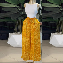 欧美女装2025秋季新款甜美清新印花抽绳设计高腰显廋阔腿裤长裤