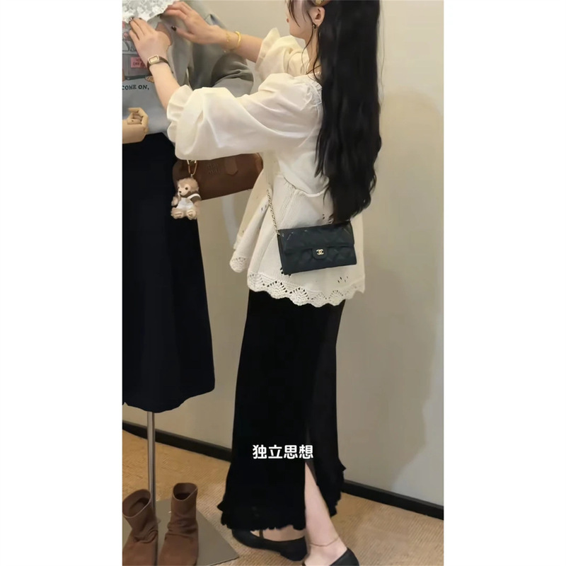 秋季时尚搭配一整套女韩系镂空吊带针织马甲衬衫半身裙三件套装潮|undefined
