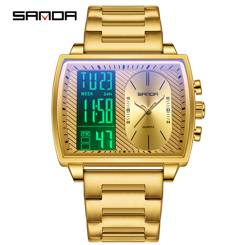 SANDA SANDA 6163 nuevo reloj electrónico de moda doble pantalla multifuncional reloj de hombre impermeable calendario de luz nocturna reloj de hombre