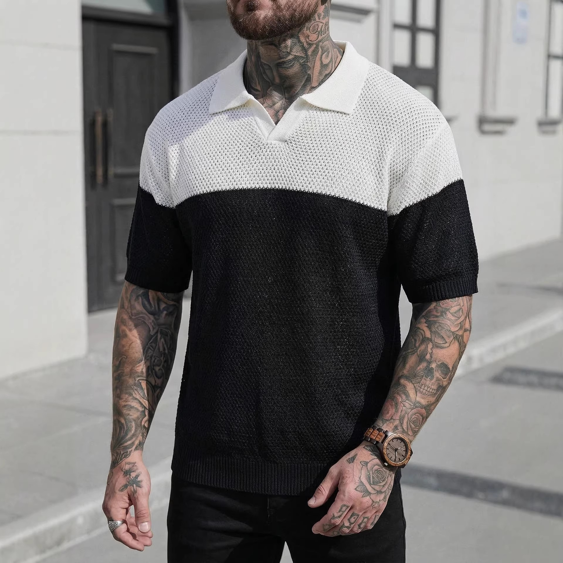 Herr retro stickad tröja med v-ringning och korta ärmar_voghion.com