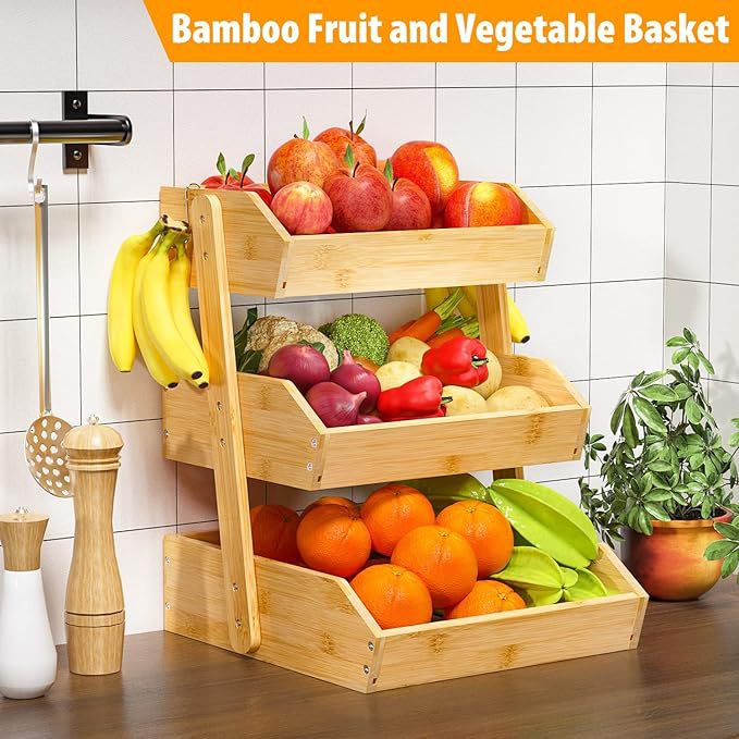 Cross-Border Bamboo Desktop Fruit Basket, Vegetable and Bread Basket, Multi-Functional Multi-Layer Assembly Snack Fruit Tray, Household Storage Rack