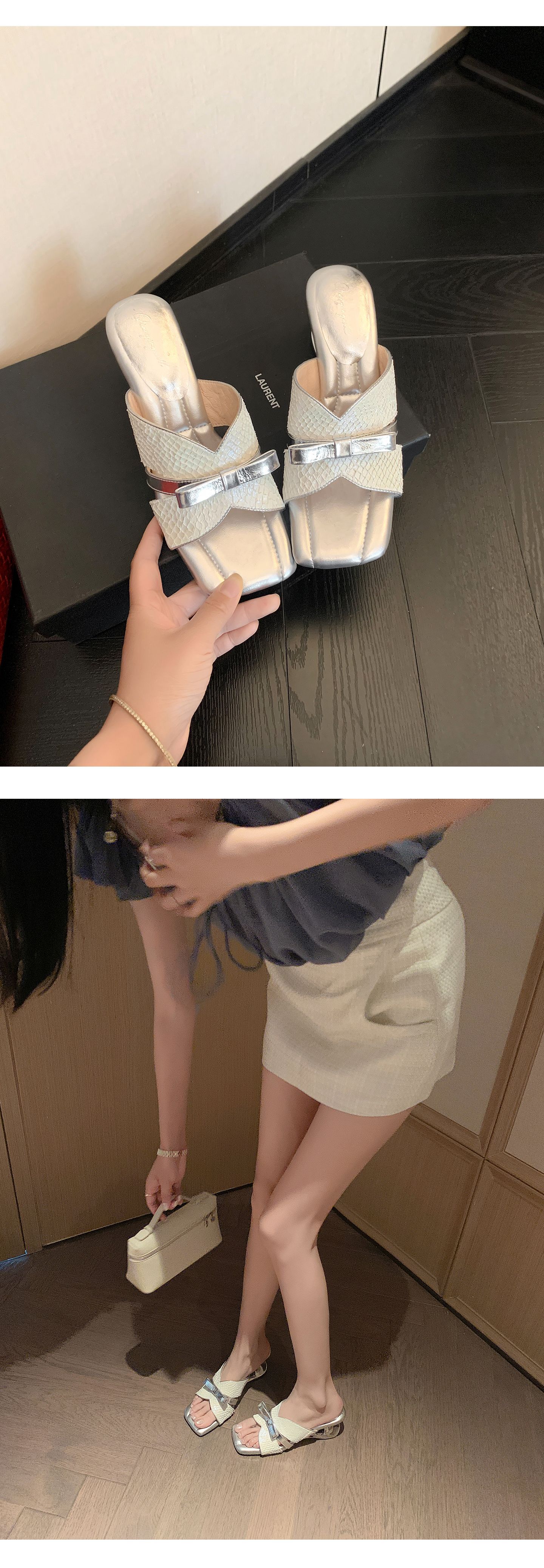 Sandal cao gót nữ mũi vuông hở ngón, quai ngang nơ bướm, đế xuồng êm chân — màu vàng, bạc chi tiết 18