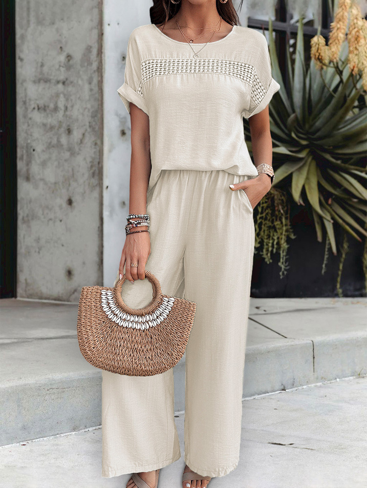 455g Weight Half Sleeve, Half Sleeve Sleeve Length Spandex, Polyester Fabric Type Low Waist Waist Line Short Top Length Pant Co-ord Set, Pant Co-ord Set Sets Type 2 Pieces Set Quantity Casual, Daily Occasion Round Neck, Round Neck Neckline Loose, Loose Fit Type Stripe, Solid Color Pattern Summer, Spring, Autumn Season Women's Gender Hollow Out Design Streetwear, Streetwear Style Apricot Color KaiKuO Women's Fashion Independent Station 2024 Spring Summer Export Casual Fashion Solid Color Short Sleeve Long Pants Hollow Out Set 14