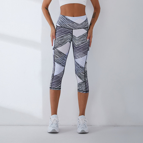  New European and American Style Yoga Pants Women's Cross-border Slimming High Waist Fitness Pants Running Sports Pants Side Pocket Capri Pants