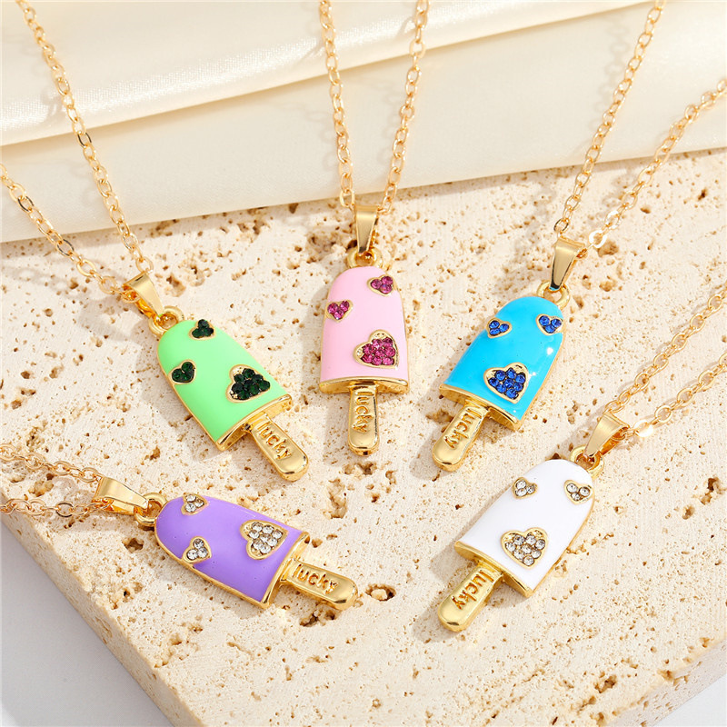 Korean Rhinestone Heart Ice Cream Necklace Cute Dripping Oil Pendant Necklace display picture 1