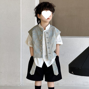 [7900 People Collection] Boys' Short-Sleeved Shirt Suit Carved Round Neck Vest Retro Han Dynasty Stand-Up Collar Plate Style