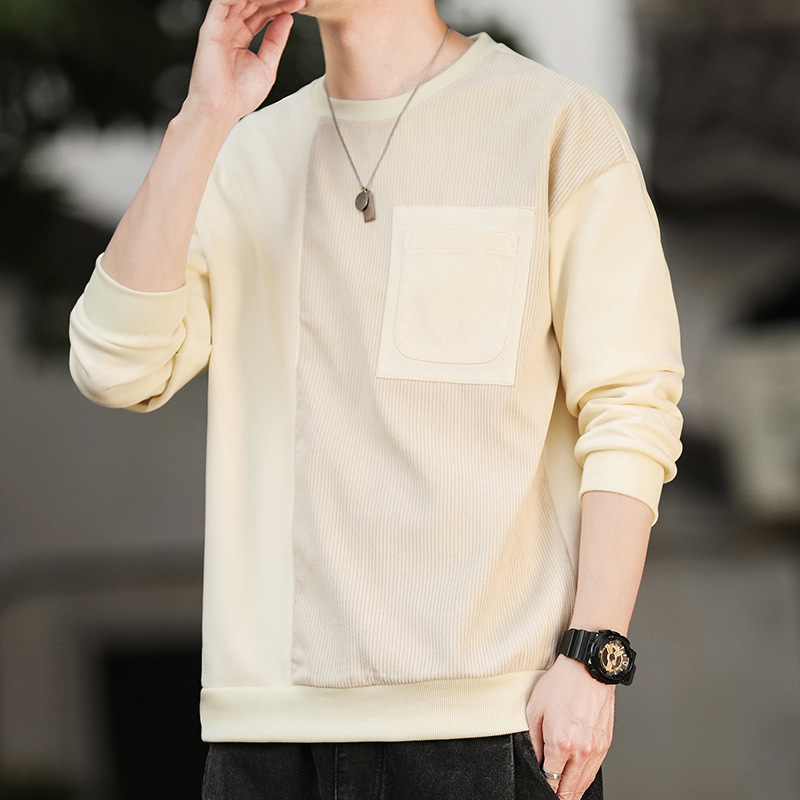 Primavera y otoño nueva camiseta de cuello redondo para hombres marca de moda suelta juvenil universal guapo sin sombrero camiseta de manga larga para hombres