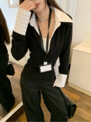 假两件拼接翻领长袖针织衫女春秋设计感收腰修身显瘦打底衬衫上衣