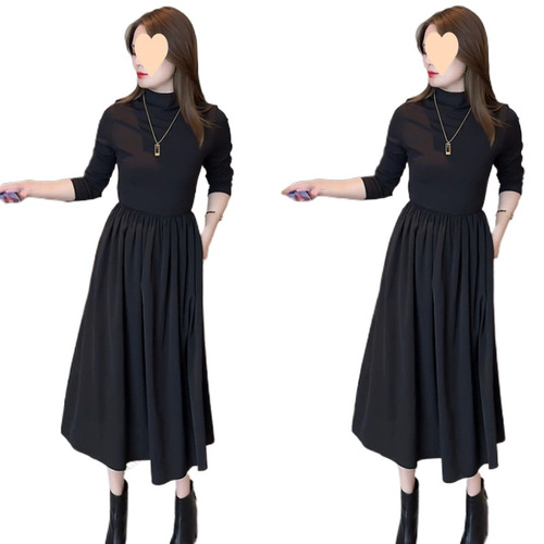 Hepburn style semi-high-neck dress for women's spring and summer new style slimming long-sleeved temperament French over-the-knee base dress