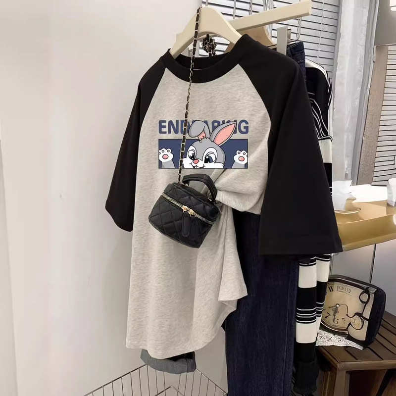 plus size fat mm300 kg 2024 summer slim cotton contrast Joker short sleeve T-shirt meat stitching pregnant women's coat