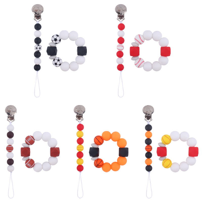 Bebé DIY creativo fútbol patrón chupete clip de dibujos animados fútbol cuentas de silicona chupete cadena mordedor traje de dos piezas conjunto