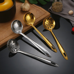 Thick stainless steel soup spoon Colander long handle hot pot spoon large household spoon commercial hot pot restaurant golden spoon suit