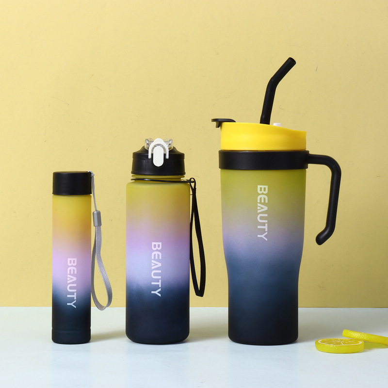 国境を越えた高価値の3ピースグラデーションカラープラスチックストローカップ大容量アイスバーカップハンドル付きカーカップウォーターカップ|undefined