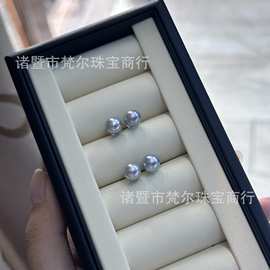 天然海水珍珠蓝光真多麻时尚耳钉7-8mm近正圆细微瑕纯银耳钉素钉