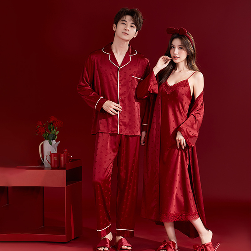 Red Wedding Pajamas for Newlyweds, Ice Silk Dressing Gown for Bride and Groom, Wedding 2026 New Style, Spring and Autumn Wedding Use