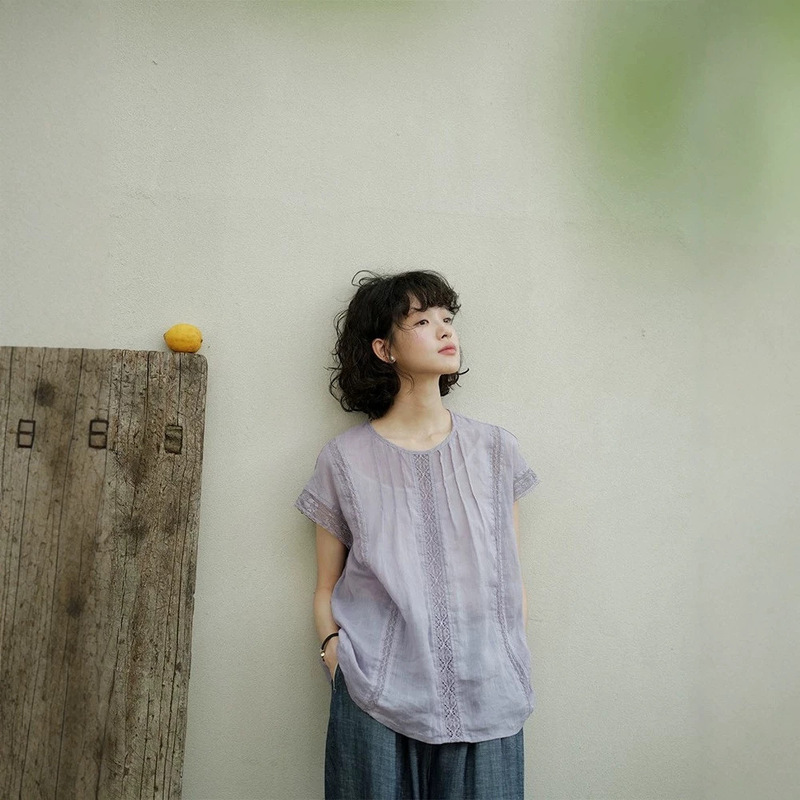Japanese-Style Purple Cotton-Linen Shirt for Women, Summer 2026 New Design, Niche Relaxed Style, Round-Neck Casual Top