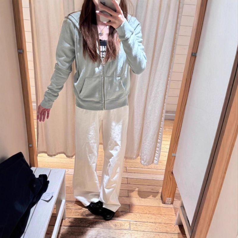 Bm Style Mint Green Hooded Sweatshirt American Autumn and Winter New Casual Slim Pure Color Women's Zipper Cardigan Jacket