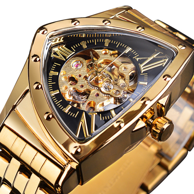 Forsining reloj mecánico automático estilo europeo y americano triángulo cabeza hombres moda casual hueco muñeca reloj transparente
