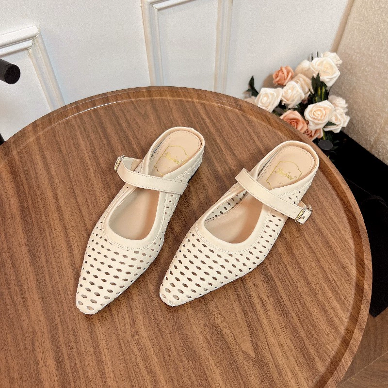Retro French style hollow small square toe breathable women's shoes summer increased soft bottom flat bottom breathable one-word with half drag