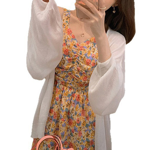 Summer Minimalist Sun Protection Knit Cardigan, Thin Women's Matching Slip Dress, Outerwear Sweatshirt, Ice Silk Shawl, Fairy Long Sleeve