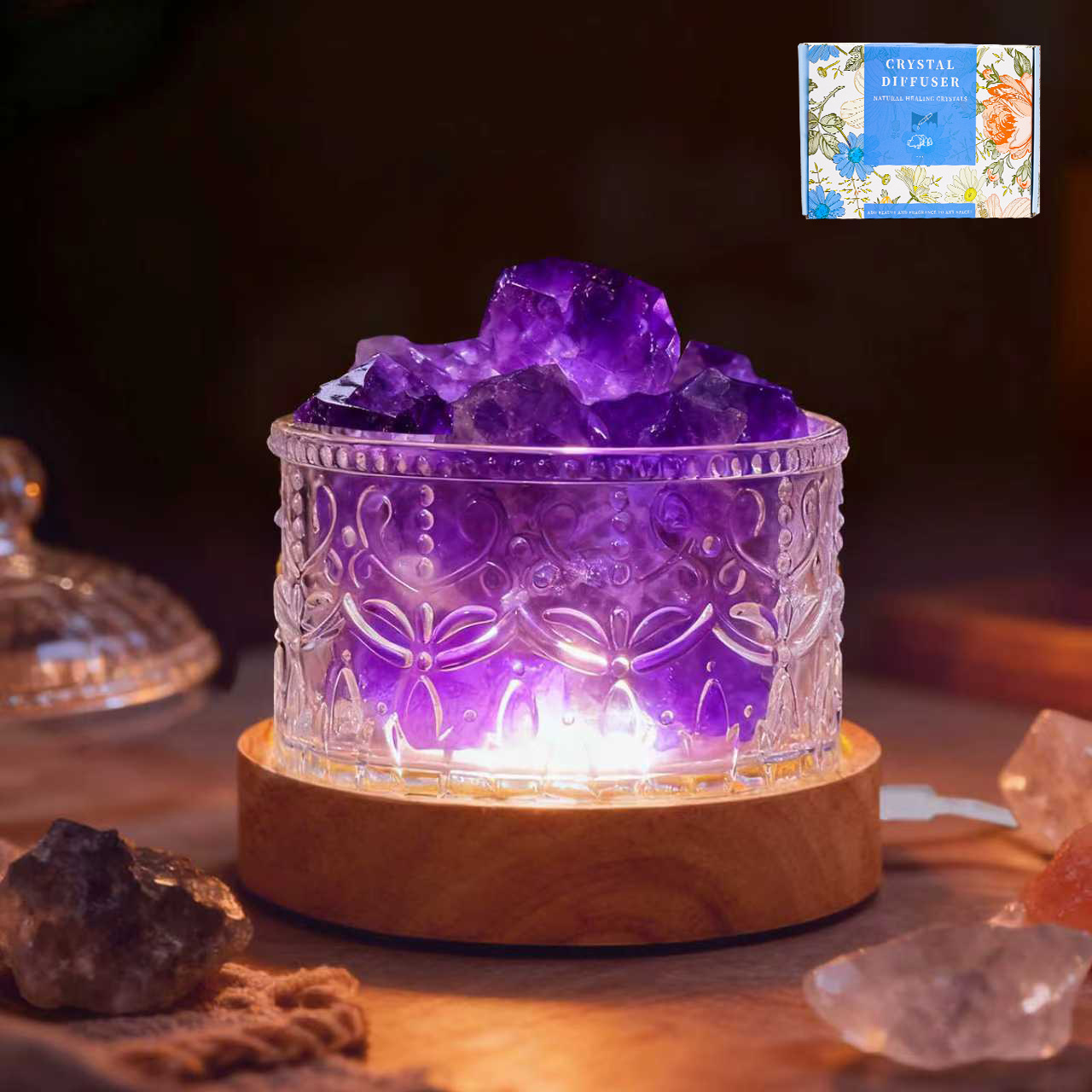 [Caja de regalo] Amatista de 2-4 cm, 300 g + cuenco de corona de vidrio + base USB redonda de tres colores