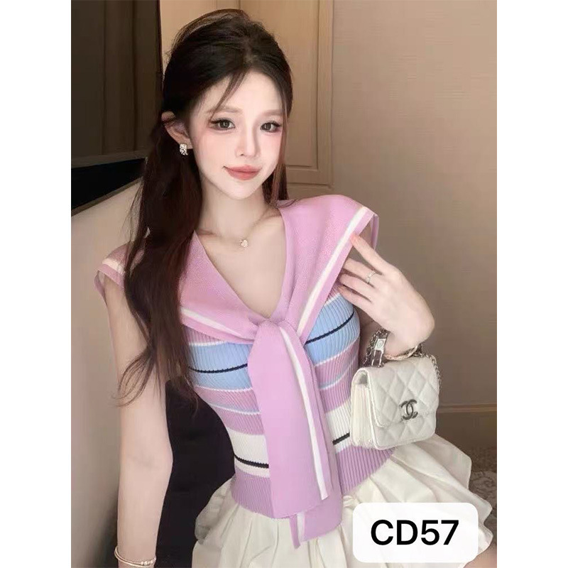 Summer Knitted Sweater Vest with Navy Collar, Shawl, Stylish, Casual, Comfortable, Noble Temperament, High-End Top for Women