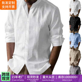 2026亚马逊跨境亚麻混纺立领长袖衬衫夏季宽松亨利领休闲中式上衣