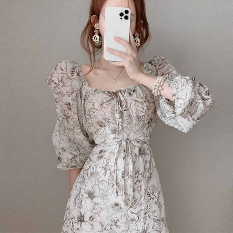 Chic French Style Retro Square Collar Floral Lace-up Waist Long Sleeve Mid-length Ruffled Chiffon dress