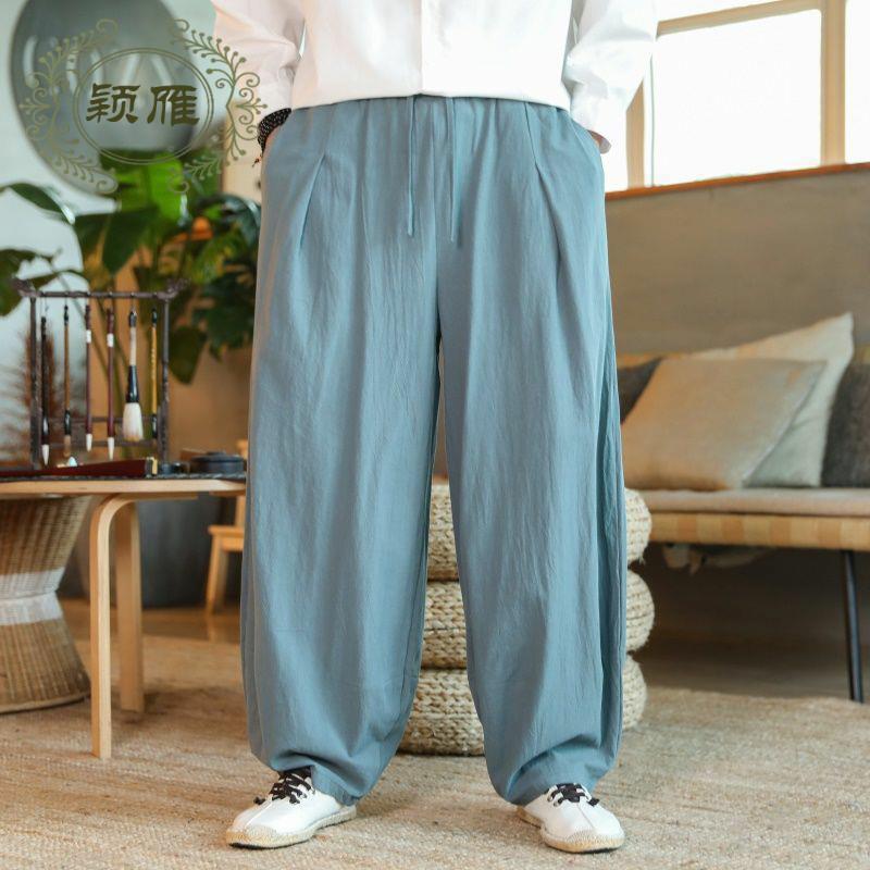Pantalones de lino hombres sueltos de gran tamaño estilo chino primavera y verano gordo gran entrepierna linterna pantalones casuales pantalones harem pantalones anchos de algodón y lino