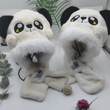 可爱熊猫儿童帽子围巾一体2025新款冬季加绒加厚保暖护耳男女宝宝