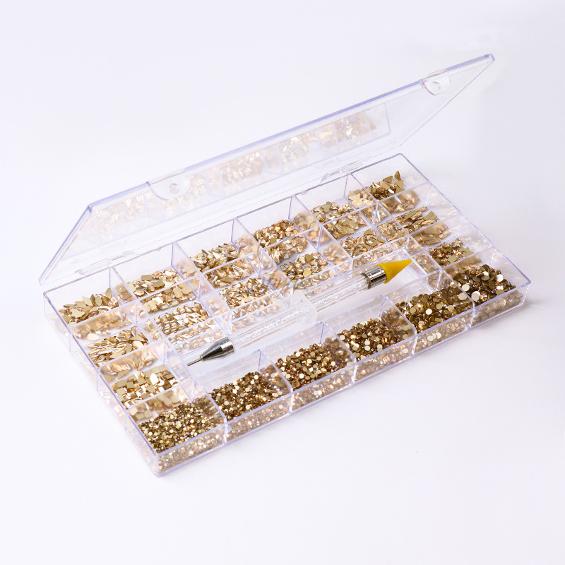 Aurora Flat-Bottomed Irregular-Shaped Rhinestones 21 Grids Nail Art Decorations Gold Base Ab Glass Rhinestones Nail Accessories Wholesale Crystal Rhinestones