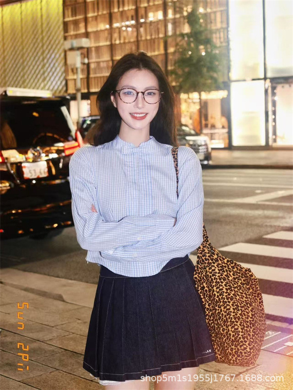 HE 女士百褶短裙蕾丝拼接刺绣logo半裙牛仔短裙|undefined