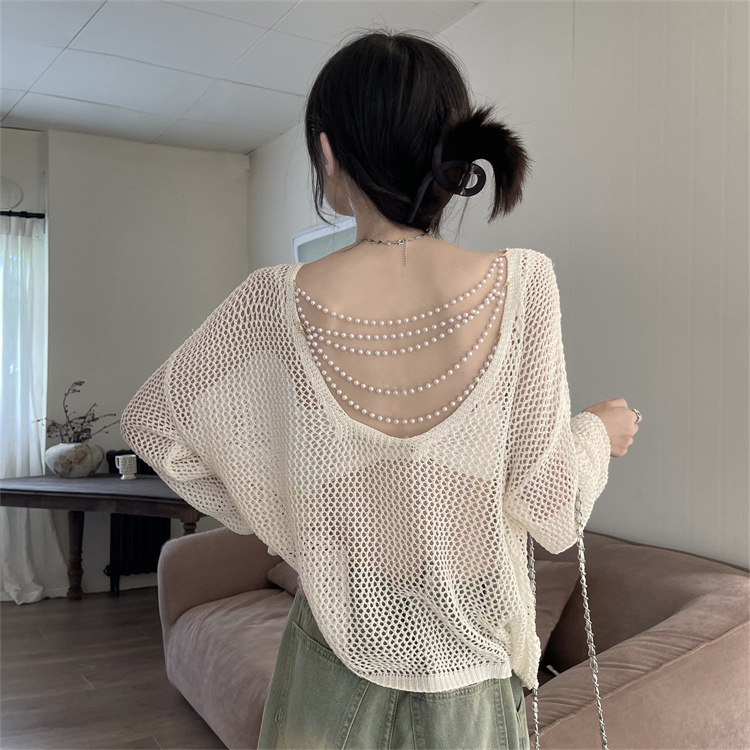 Early Autumn Knitted Sun Protection Blouse Women's Pullover Outer Wear Backless Pearl See-Through Long-Sleeved Knitted Top