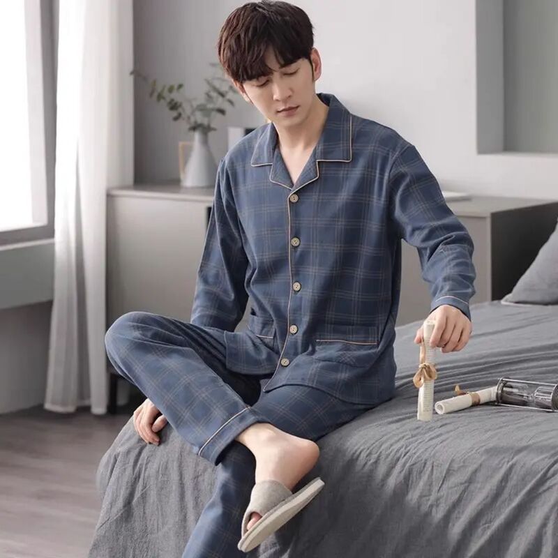 100% Cotton Men's Pajamas Spring and Autumn Long Sleeve Men's Loose Plus Size Autumn and Winter Cotton Home Clothes suit 100% Cotton Men's Pajamas Spring and Autumn Long Sleeve Men's Loose Plus Size Autumn and Winter Cotton Home Clothes suit