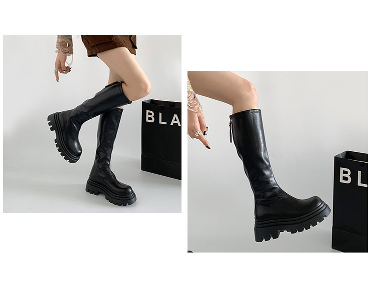 Bottes hautes noires polyvalentes à semelle épaisse, montantes, pour femmes, collection été 2025, style allongeant la silhouette, idéales pour l'équitation._voghion.com