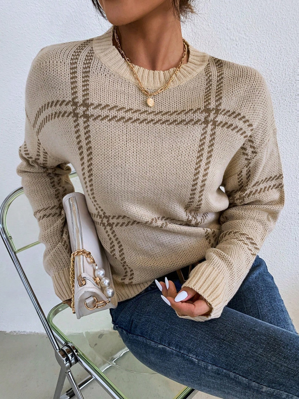 复古慵懒风秋冬圆领毛衣休闲百搭格子条纹内搭针织衫欧美跨境圆领|undefined
