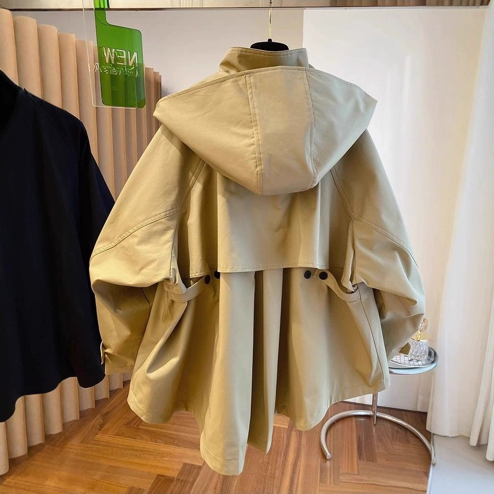 Плюс размер, ретро-мода, иностранный стиль, накидка, дизайн, ниша, свободная повседневная ветровка с капюшоном, куртка для женщин, весна и осень
