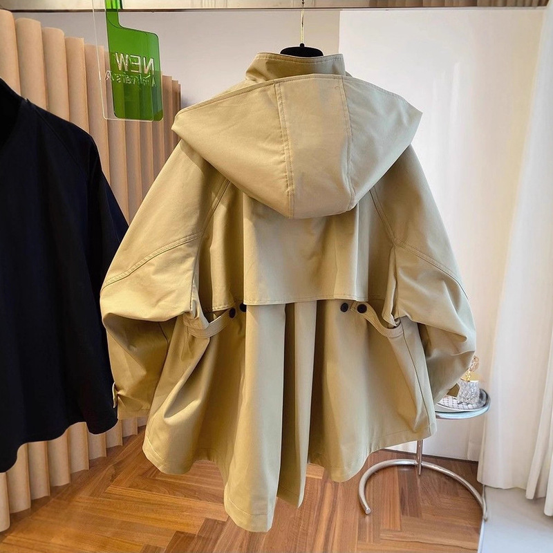 Plus Size Retro Fashion Foreign Style Cape Style Design Niche Loose Casual Hooded Windbreaker Jacket for Women Spring and Autum