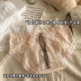 纯欲沦陷性感豹纹轻奢欧美透气女内裤美臀蝴蝶结镂空蕾丝边三角裤