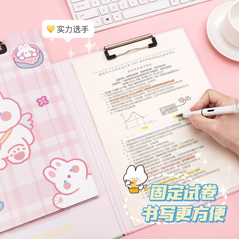 Clip de almacenamiento de papel de escritura de estudiante de escuela primaria de dibujos animados de alta apariencia Linda carpeta A4 clip de tablero fijo