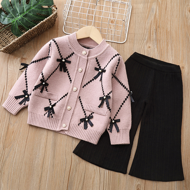 Xiaoxiangfeng Mädchenpullover, zweiteiliges Strickset für Kinder, neues Damen-Strickjackenset mit Schatzschleife_voghion.com