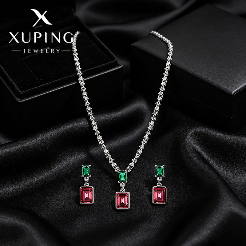 Xuping moda lujosa imitación de cristal conjunto de joyería geometría cuadrada mujer serie de aretes de azúcar cuadrado conjunto de collares image 1
