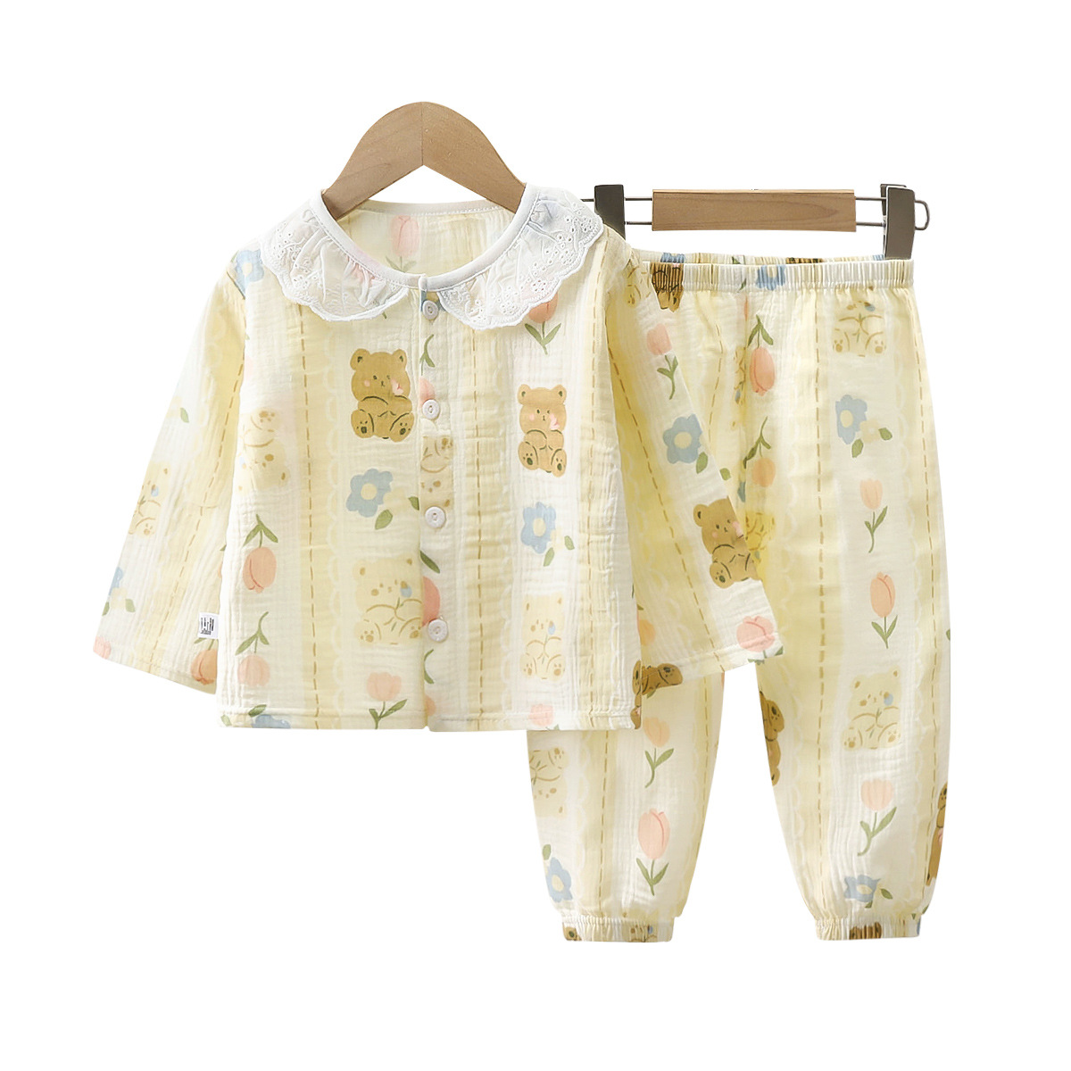 Traje de servicio a domicilio para niños verano nuevo estilo niño hilo de algodón de doble capa pijamas para niñas bebé encaje de algodón ropa para niños