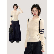 韩系跨境新款针织衫翻领宽松条纹提花打底衫女秋冬保暖毛衣上衣女