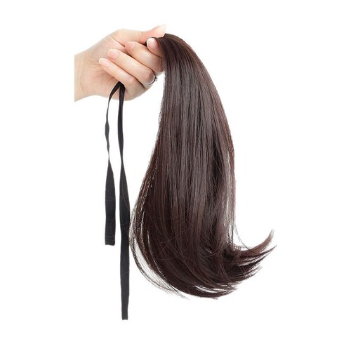 Wavy ponytail hairpiece with side ties, mid-length realistic curly hair, inner twist high ponytail hairstyle.