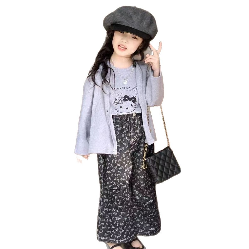 女童套装2025春秋新款儿童韩系碎花牛仔裤洋气背心针织开衫三件套|undefined